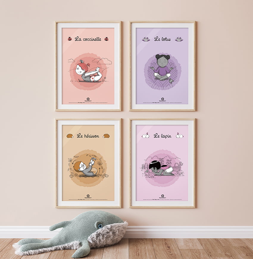Affiches déco Mon yoga à Moi - chambre d'enfant - postures coccinelle, lotus, hérisson, lapin - Bougribouillons