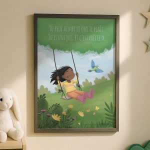 L'affiche tirée de l'album jeunesse "Bottes roses et cheveux au vent" avec le texte "Tu peux aimer ce qui te plait, tu es unique et c'est précieux"